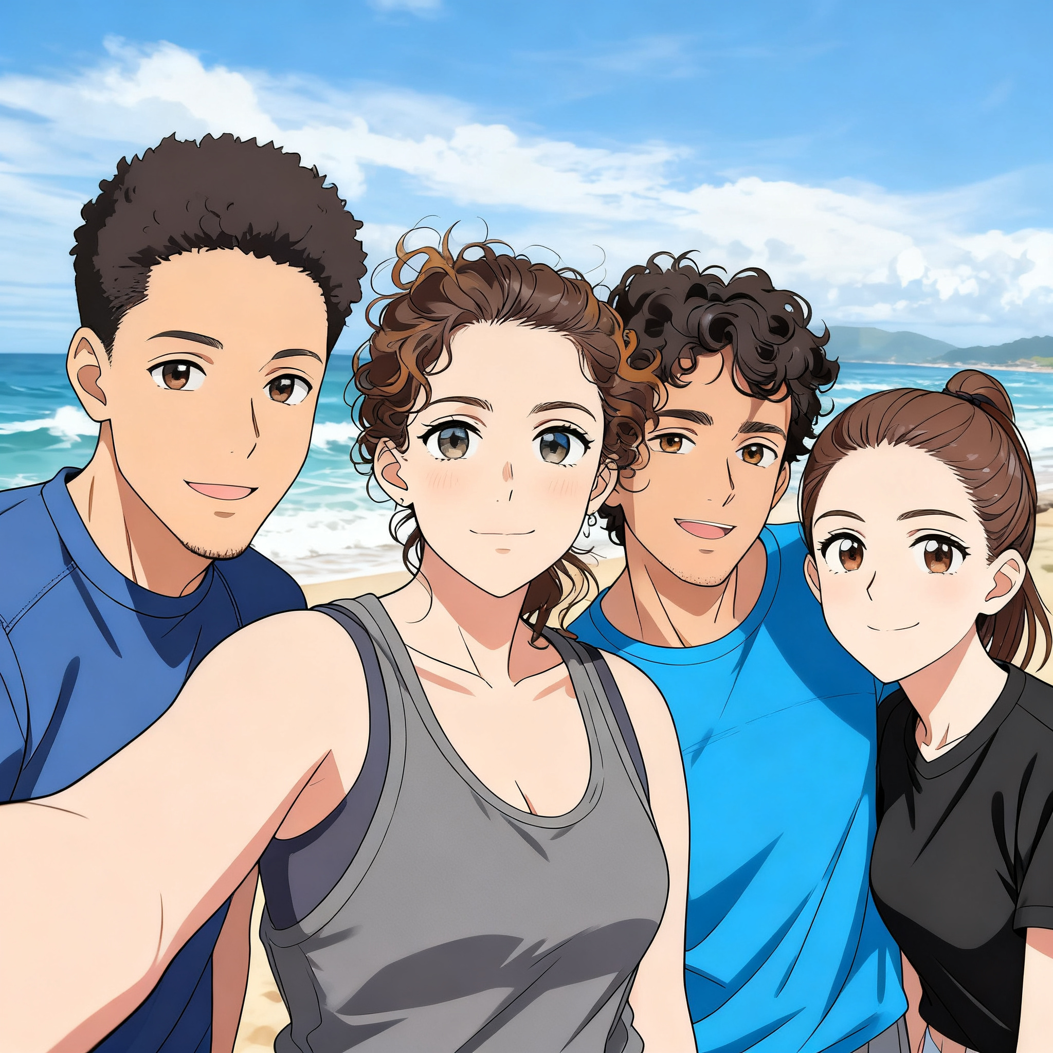 Anime AI version of the same four-friend beach selfie rendered in anime style