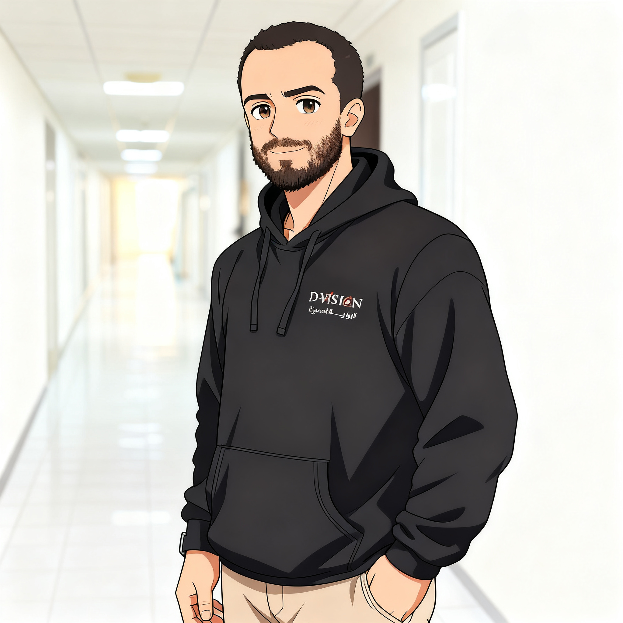 Anime AI version of the same man in a black hoodie, rendered in anime style
